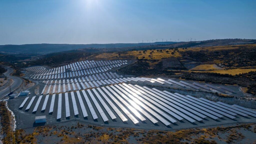 solar electric farm with panels for producing clean ecologic energy in pissouri cyprus