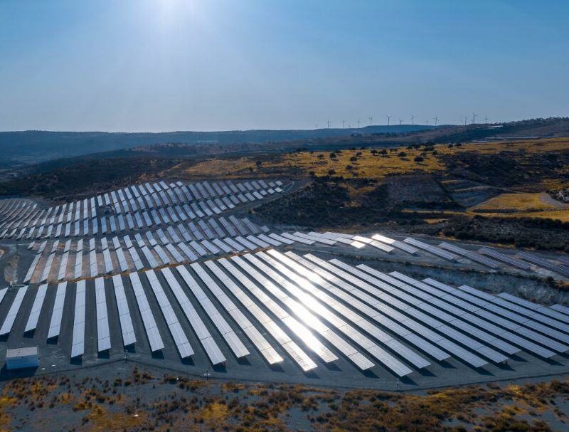 solar electric farm with panels for producing clean ecologic energy in pissouri cyprus